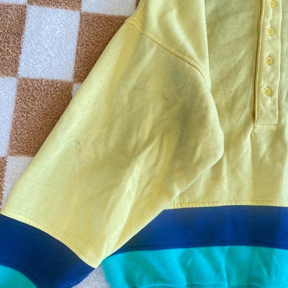 EXPRESSIONS RETRO CREWNECK BUTTON UP SWEATER YELLOW BLUE GREEN - Picture 4 of 7